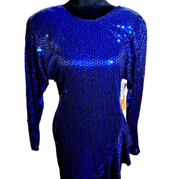 Vintage 80’s Ruffle Sequin Stretchy Low Back Evening Dress Blue NEW NWT - Picture 2 of 9